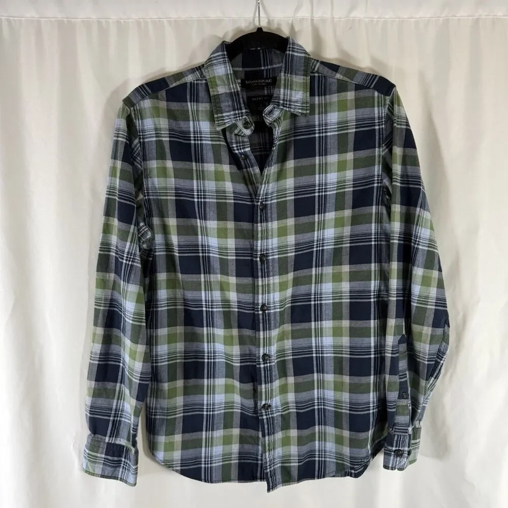 Banana Republic Grant Fit Luxe Flannel Men's Small Green Blue Long Sleeve Button